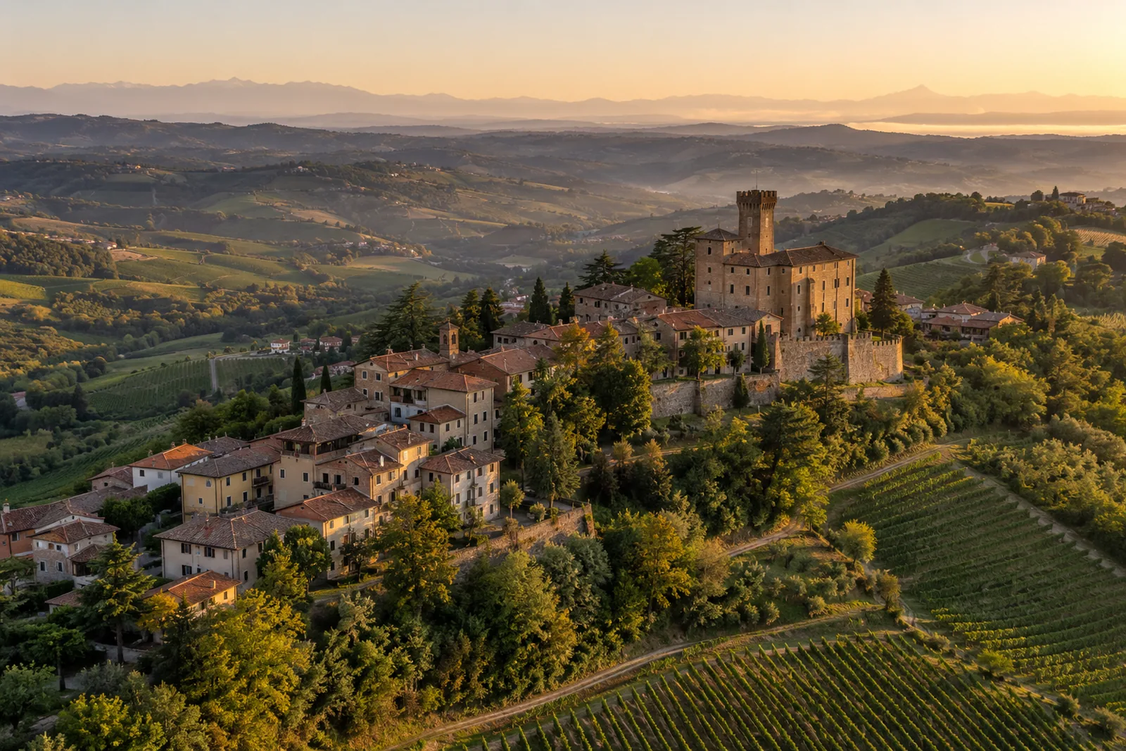 Aerial drone photo of a hilltop village with a castle in Piedmont at golden hour