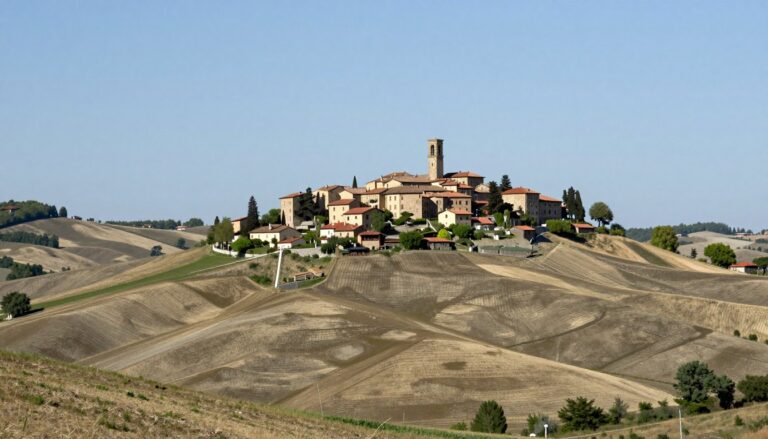 Hilltop village with a stone bell tower and terracotta roofs above rolling, freshly ploughed hills under a clear sky
